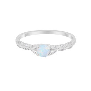 Petite Dainty Wedding Ring Round Lab Created White Opal 925 Sterling Silver